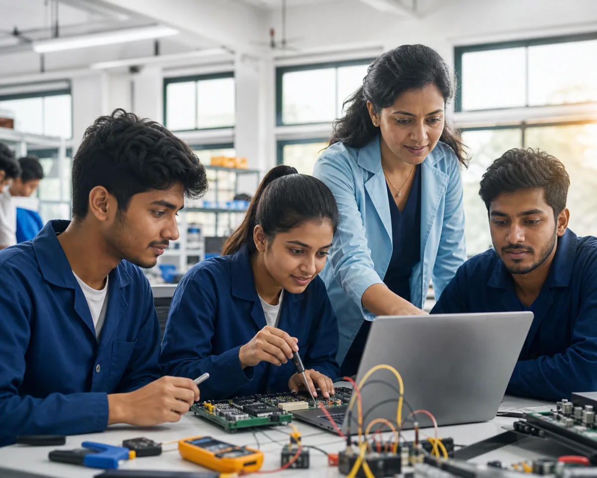 Vocational learners working with an instructor in an electronics training lab